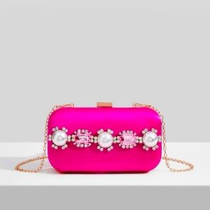 🟣Barbie Pink Mini Rhinestone & Faux Pearl Box Purse WITH SILVER Hardware